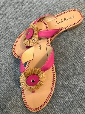 Jack Rogers Hot Pink Raffia Flower Thong Sandals NO BOX